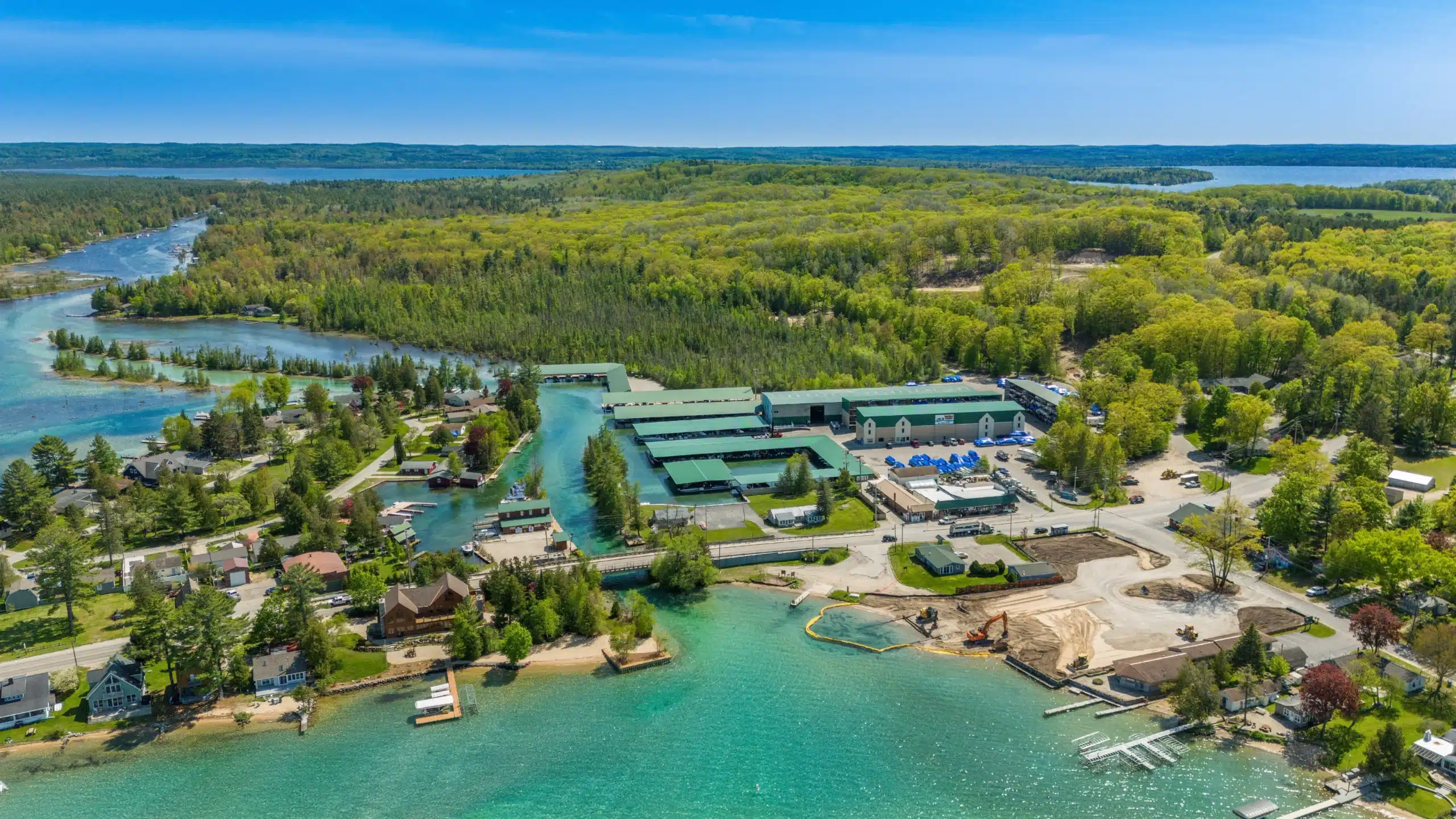 Aerial view of Sun Life Torch River Marina amenities on Torch Lake